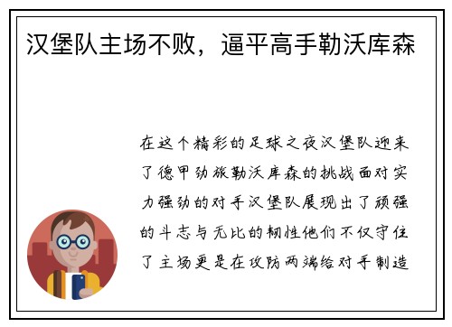 汉堡队主场不败，逼平高手勒沃库森